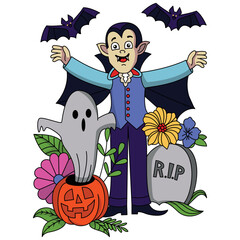 Halloween Vampire with Boo came out in the pumpkin RIP grave flowers bat coloring illustration