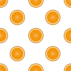 Seamless pattern of orange slices on white background. Print for kitchen wallpaper with citrus fruits. Oranges background.