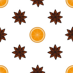Seamless pattern of orange slices and anise star on white background. Print for kitchen wallpaper. Spices background.