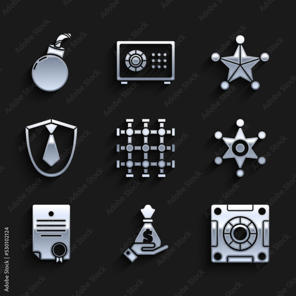 Sticker set prison window, hand holding money bag, safe, hexagram sheriff, certificate template, tie, and bo