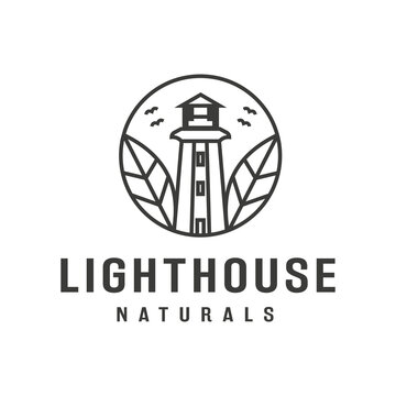 Naturals two leaf Lighthouse illustration design logo, vector, icon, symbol, garage, template