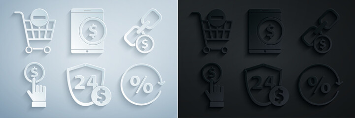 Obraz premium Set Shield with dollar, Chain link and coin, Hand holding, Discount percent tag, Tablet and Remove shopping cart icon. Vector