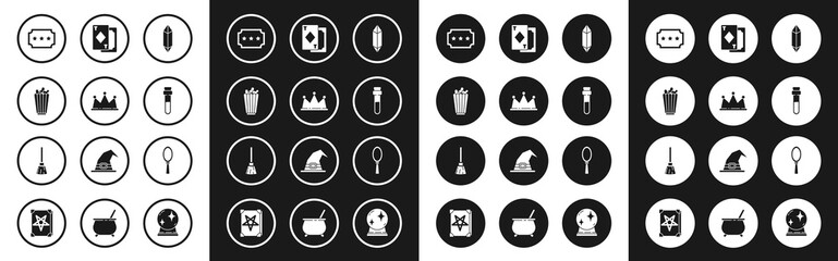 Set Magic stone, Crown, Popcorn in box, Ticket, Bottle with love potion, Playing cards, hand mirror and Witches broom icon. Vector