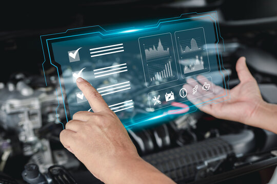 Car service technology on virtual screen concept, Service staff check and  analysis system of car in service work and use smart checklist online Record and store information via the Internet.