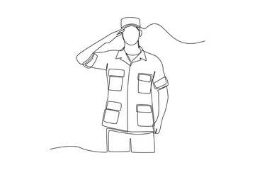 One continuous line drawing of male soldier in uniform saluting. Veterans day concept. Single line draw design vector graphic illustration.