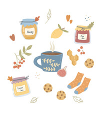 Vector set of autumn icons: tea, leaves, jam, honey, knitted socks. Autumn cozy postcard. Illustrations for stickers, notebooks, posters, postcards.