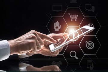 Target icon and Businessman hands, customer concept.