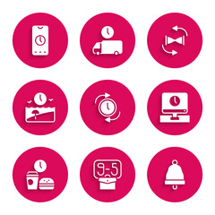 Set Clock with arrow, From 9, Ringing bell, Monitor time, Fast food, Vacation, Old hourglass sand and Alarm clock app mobile icon. Vector