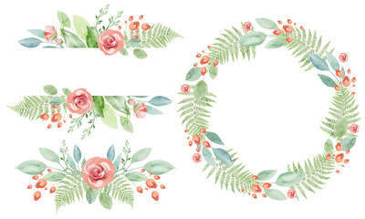 Watercolor floral frames. Bouquet of summer plants and flowers roses, peonies, leaves. For cards, design of invitations, stickers, wedding, valentine's day, birthday.
