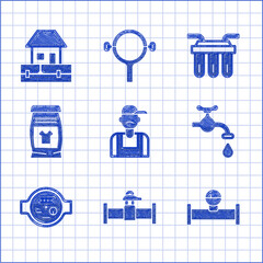 Set Plumber, Industry pipe and valve, manometer, Water tap, Laundry detergent, filter and supply pipes icon. Vector