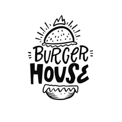 Burger House modern typography lettering text logo style. Black color sketch art burger vector illustration.