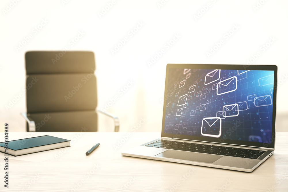Poster creative abstract postal envelopes sketch on modern laptop monitor, e-mail and marketing concept. 3d