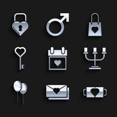 Set Calendar with heart, Envelope Valentine, Two coffee cup and, Candlestick, Balloons ribbon, Key shape, Shopping bag and Castle the icon. Vector