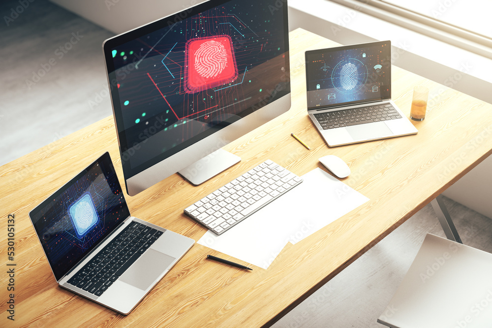 Poster computer monitor with abstract fingerprint scan interface, digital access concept. 3d rendering