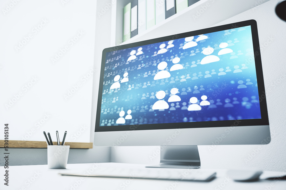 Poster modern computer display with social network icons concept. networking concept. 3d rendering