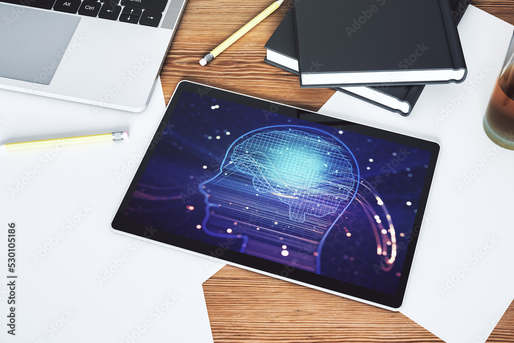 Poster Top view of modern digital tablet monitor with creative artificial Intelligence symbol. Neural networks and machine learning concept. 3D Rendering