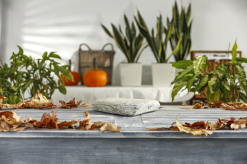 Desk of free space and autun leaves 