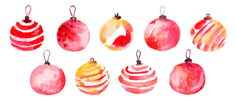 Watercolor Christmas Ball Ornaments Yellow Pink Decoration Hand Painted Illustration Set isolated on white background
