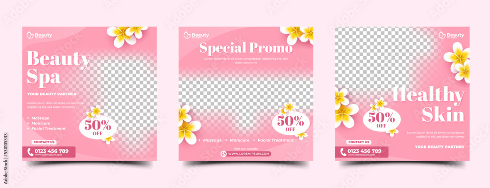 Wall mural beauty and spa social media post template design collection. pink background color with plumeria flo