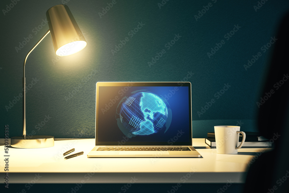 Poster Computer monitor with digital America map, global technology concept. 3D Rendering