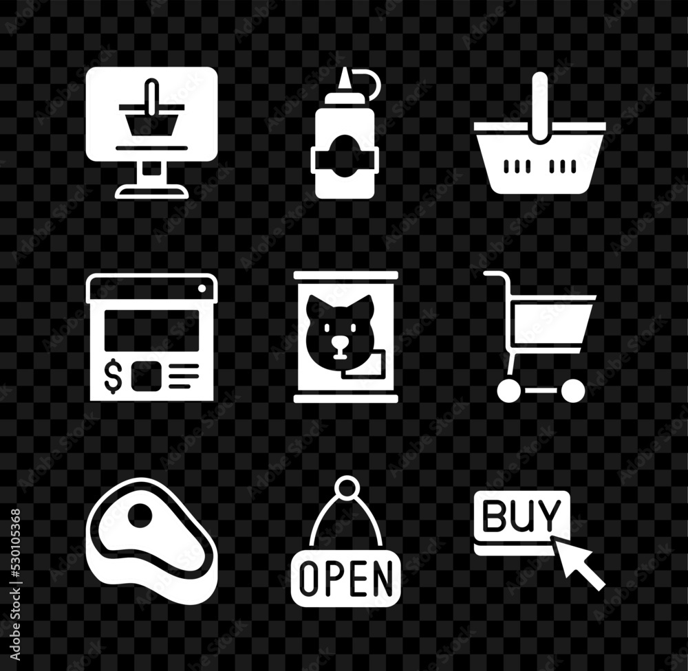 Poster Set Shopping cart on computer, Sauce bottle, basket, Steak meat, Hanging sign with Open, Buy button, Online ordering and delivery and Canned food icon. Vector