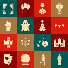 Set Paper glass with drinking straw and water, Castle, Carnival garland flags, Joystick for arcade machine, Ghost, Ice cream waffle cone, Curtain and Party hat icon. Vector