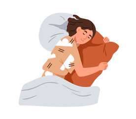 Person sleeping, lying in bed, top view. Happy girl asleep on soft pillows. Young woman sleeper dreaming, reposing, relaxing under blanket. Flat vector illustration isolated on white background