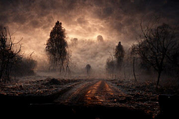 Bevroren bomen in de mist. Horror halloween achtergrond. Digitale kunst