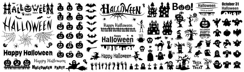 Big set of silhouettes of Halloween on a white background. Vector illustration