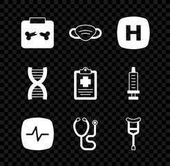 Set X-ray shots with broken bone, Medical protective mask, Hospital signboard, Heart rate, Stethoscope, Crutch or crutches, DNA symbol and Patient record icon. Vector