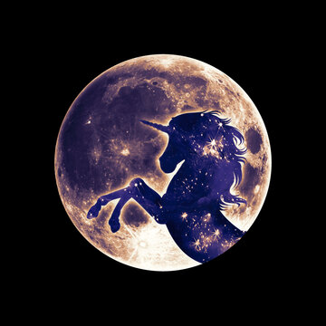 Unicorn, full moon, silhouette, isolated on black background