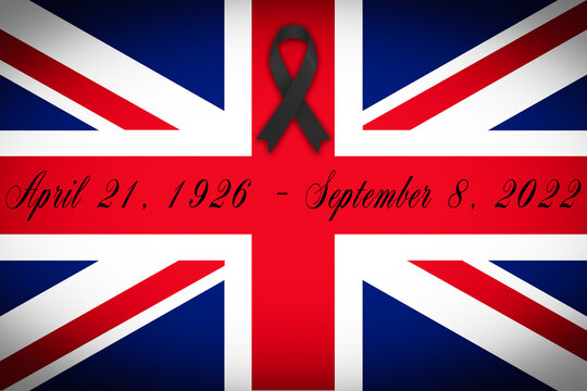 united kingdom flag with mourning ribbon and date of birth and death of queen elizabeth ii, copy space, september 8