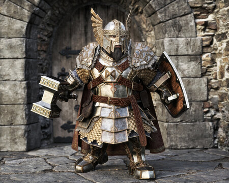 The mighty dwarf stands ready for battle to defend his homeland. 3d rendering.