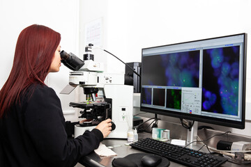 Young female scientist analyzing human chromosomes using the fluorescence in situ hybridization technique