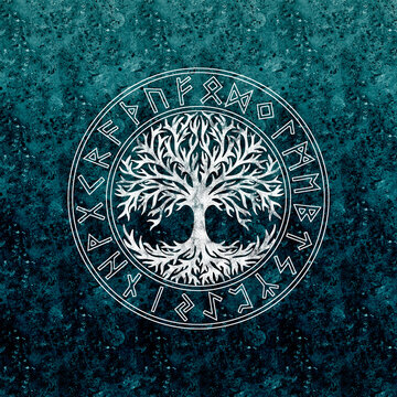 Tree of life, Yggdrasil, Futhark runes circle, Norse mythology, viking, Celtic, vintage colored background