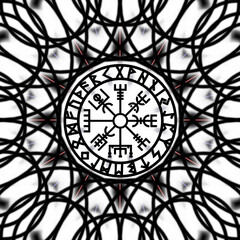 Vegvisir, viking symbol, Futhark runes circle, protection amulet, Norse mythology, patterned background
