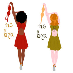 The girl stands with her back turned and holds a bra in her hand. Different nationalities. Postcard "Day without a bra" on October 13. The concept of freedom, feminism, body positivity.