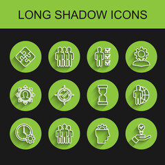 Set line Time Management, Users group, Piece of puzzle, Human with gear inside, Light bulb hand, Target check mark, Globe people and Old hourglass flowing sand icon. Vector