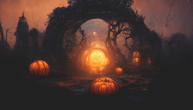 Gloomy background for Halloween. Landscape with pumpkins and neon, dramatic, dry branches, tree silhouettes, scary night. 3D illustration