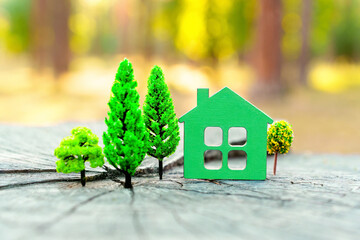 Flat house model and toy trees on a tree stump