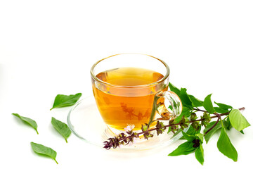 Basil tea in transparent cup with green leaf isolated on white background. Basil is food and herb for healthy.