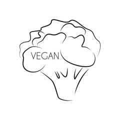 Broccoli inflorescence silhouette with text vegan, logo, proper nutrition concept, vector