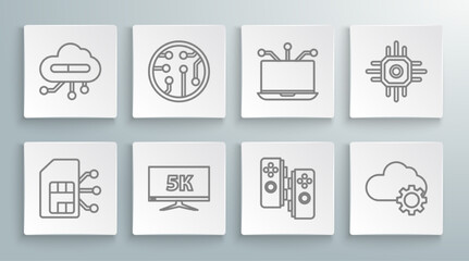 Set line Sim card, Processor, Monitor display with 5k video, Gamepad, Cloud technology data transfer and storage, Laptop, and Internet of things icon. Vector © Oksana