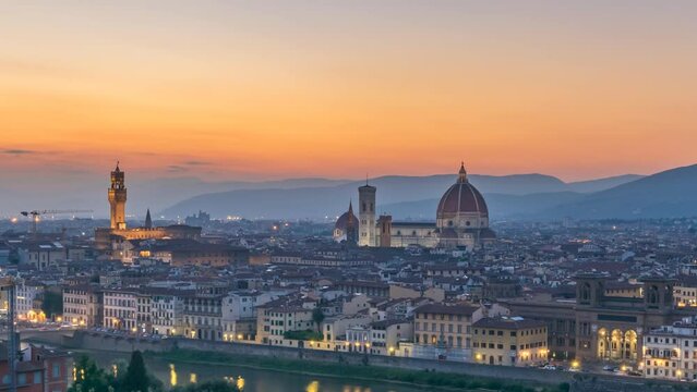 Florence Italy time lapse 4K, city skyline day to night sunset timelapse and Arno river