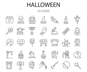 set of 35 halloween icons. outline thin line icons. Collection of perfectly thin icons for web design, app, poster, flyer and modern projects
