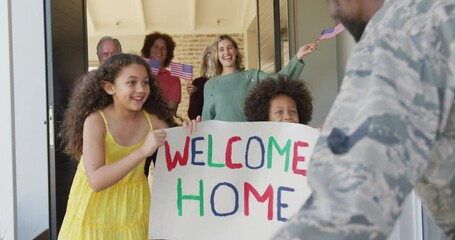 Video of happy diverse family welcoming soldier father - Powered by Adobe