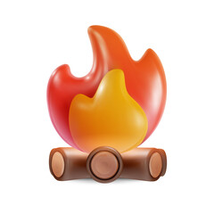 3d realistic campfire in minimal cartoon plastic style isolated on white background. Cute design element. Sweet vector illustration. Soft glossy children toy.