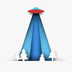 Flying ufo spacecraft in forest isolated on white background. Creative 3d concept in cartoon craft paper cut style. Bright minimal design element. Modern geometric vector illustration. © cgterminal
