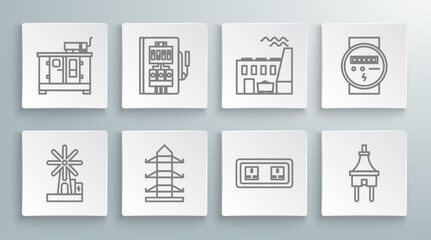 Set line Wind turbine, Electrical panel, High voltage power pole line, outlet, plug, Coal plant and factory, meter and Diesel generator icon. Vector