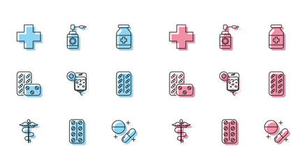 Set line Caduceus snake medical symbol, Pills in blister pack, Cross hospital, Medicine pill or tablet, IV bag, and Medical bottle with nozzle spray icon. Vector